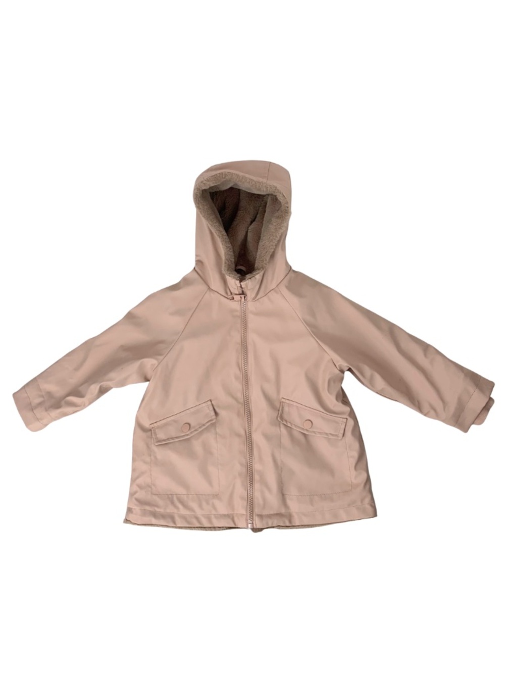 Zara Light Pink Hooded Rain Jacket with Faux-Fur Inner Trim Size 2/3